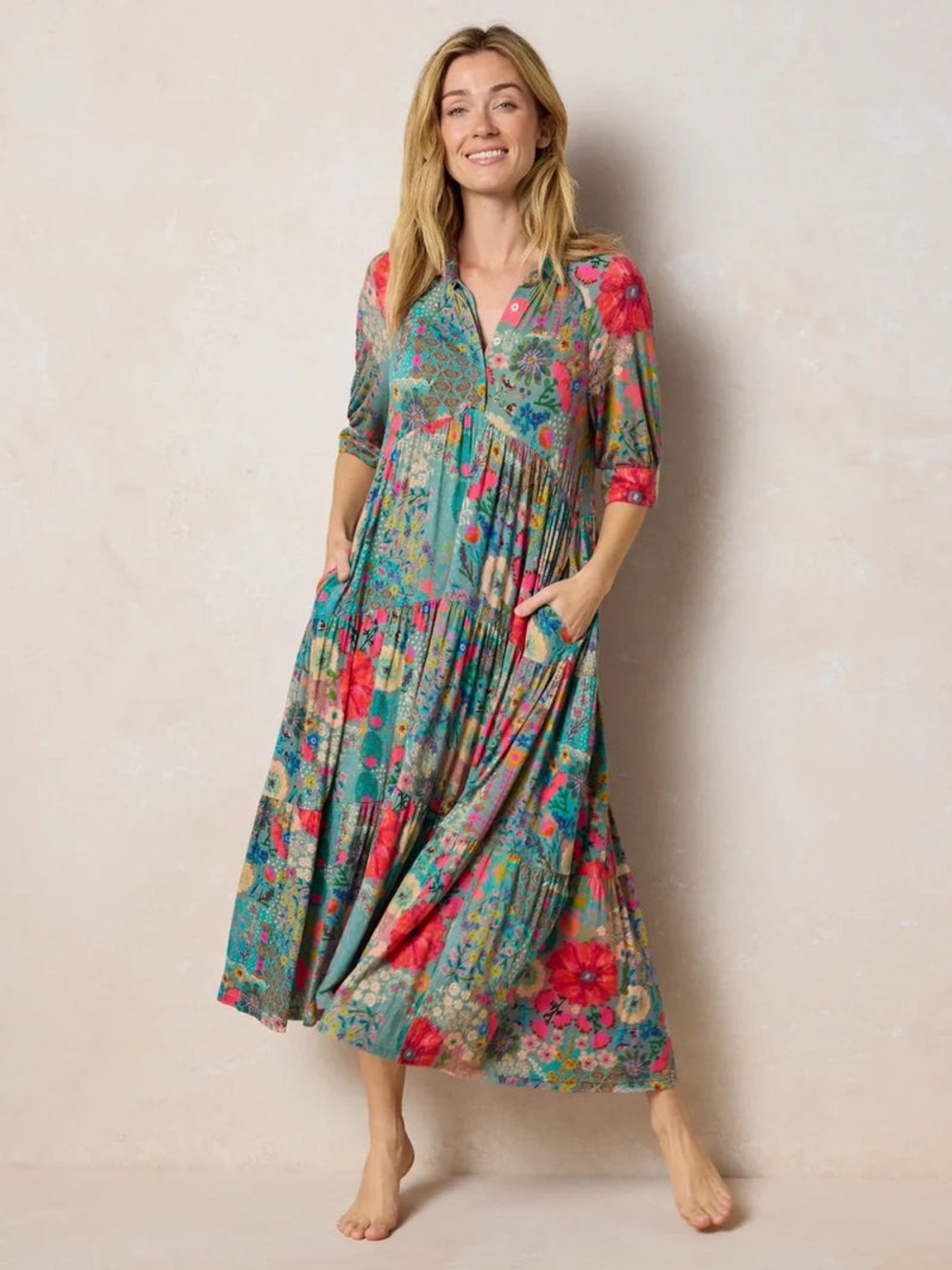 Natural Life Rebecca "ButterSoft" Midi Dress Blue Garden Patchwork Small NEW NWT